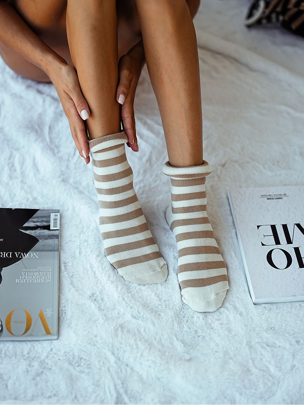 Skarpetki frotte w paski ecru-beż Skarpetki frotte w paski ecru-beż