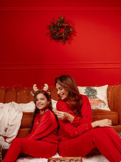 Komplet welurowy dziecięcy Mom&Kid-Logo czerwony