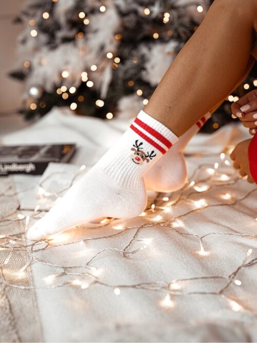 Skarpety świąteczne damskie prążek Renifer białe