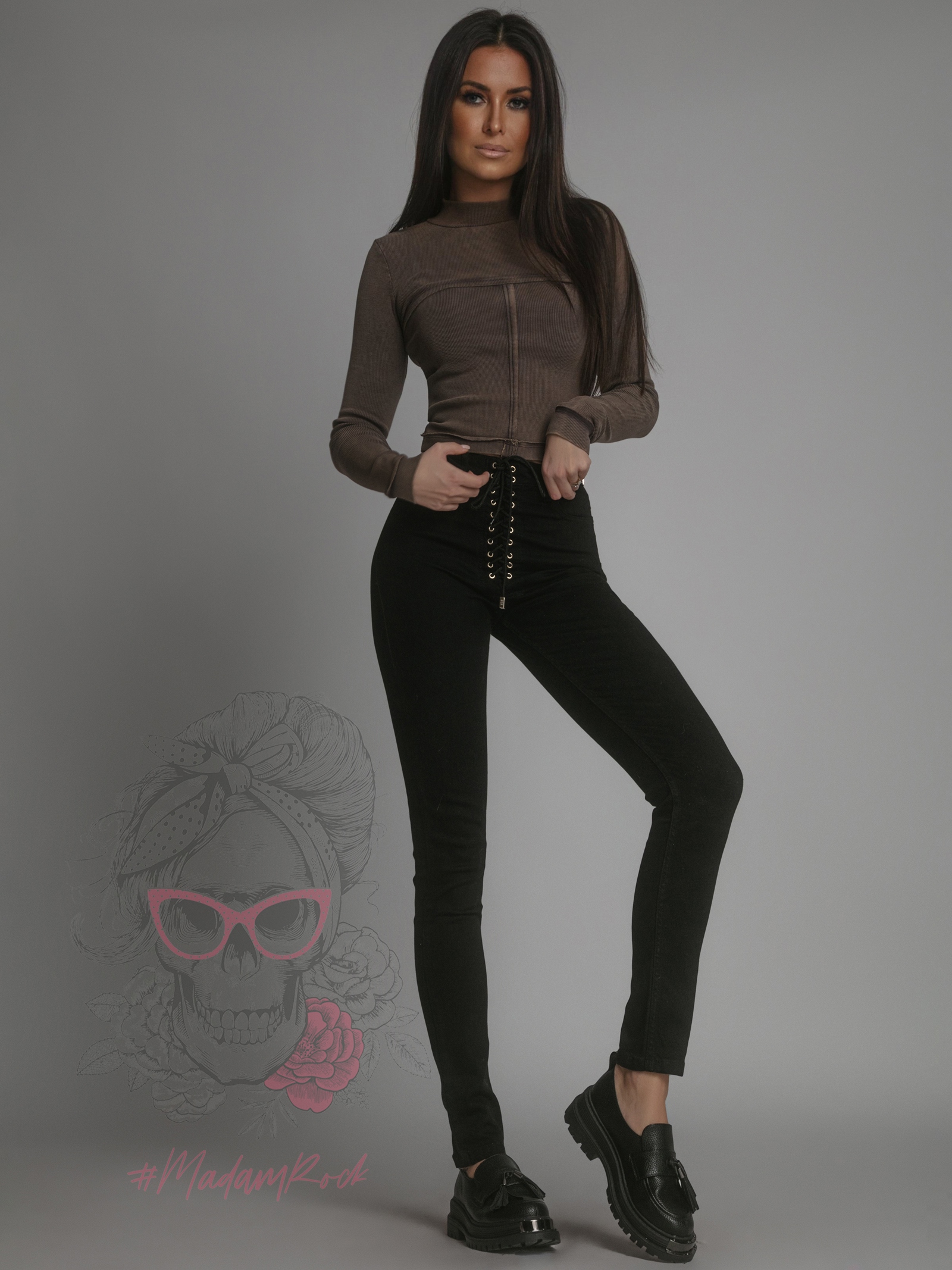 Spodnie slim fit z wiązaniem Evie Ola Voga czarne