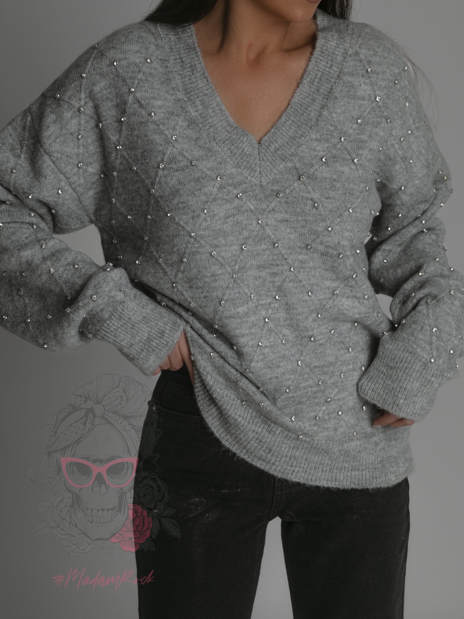 Sweter z cyrkoniami Osini szary Sweter z cyrkoniami Osini szary