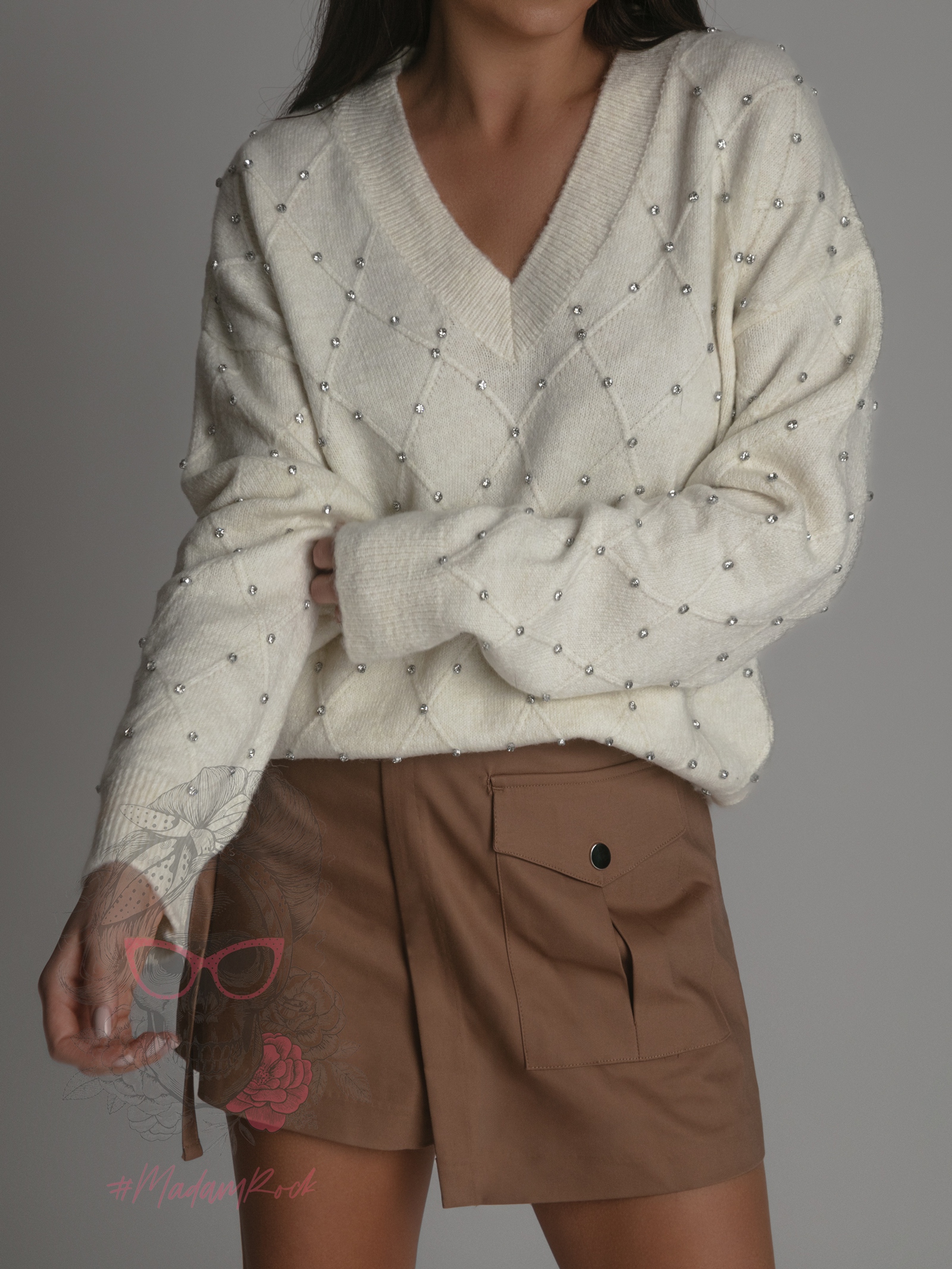 Sweter z cyrkoniami Osini ecru