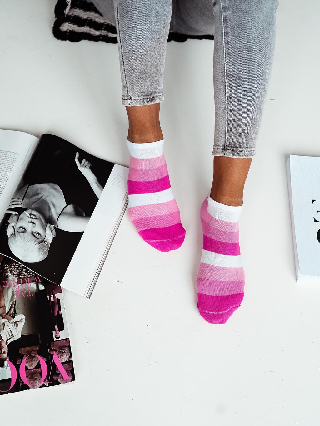 Stopki damskie kolorowe paski różowo-biało