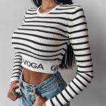 Bluzka basicowa prążkowana Dana Ola Voga ecru-czarna