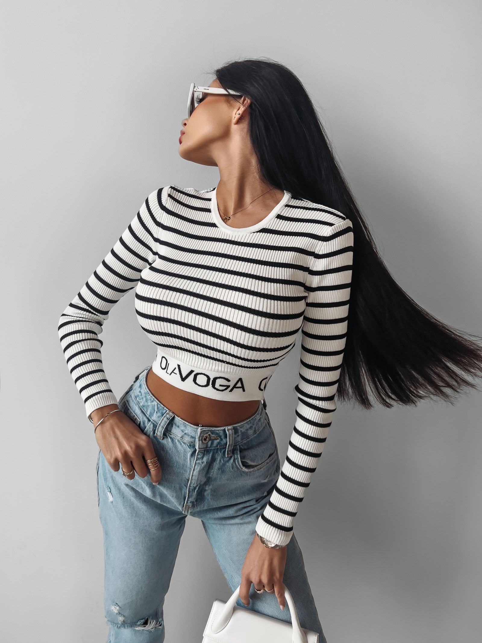 Bluzka basicowa prążkowana Dana Ola Voga ecru-czarna