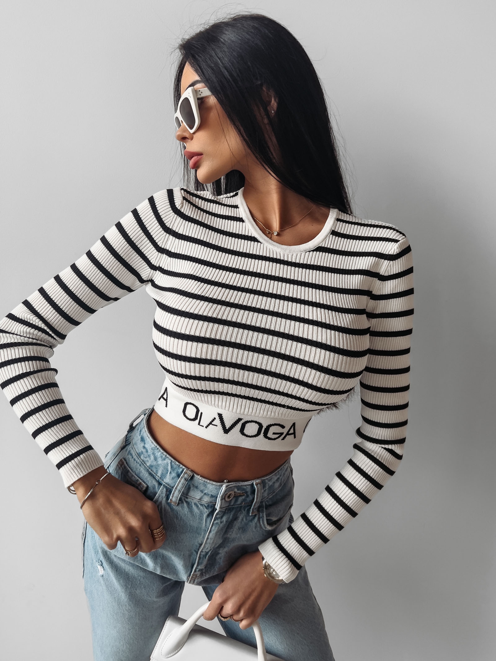 Bluzka basicowa prążkowana Dana Ola Voga ecru-czarna