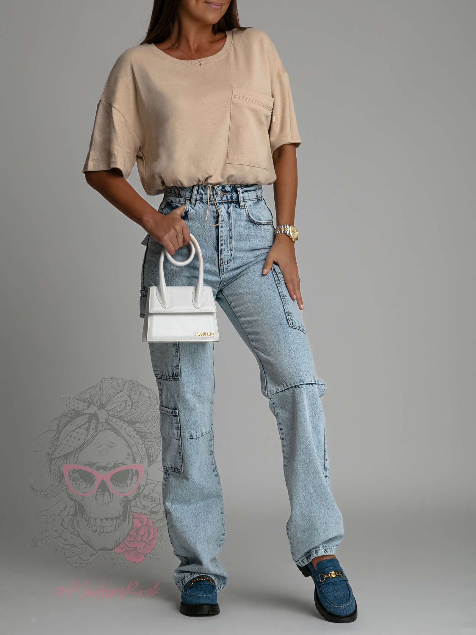 Crop top ze ściąganiem w pasie YoYo beżowy