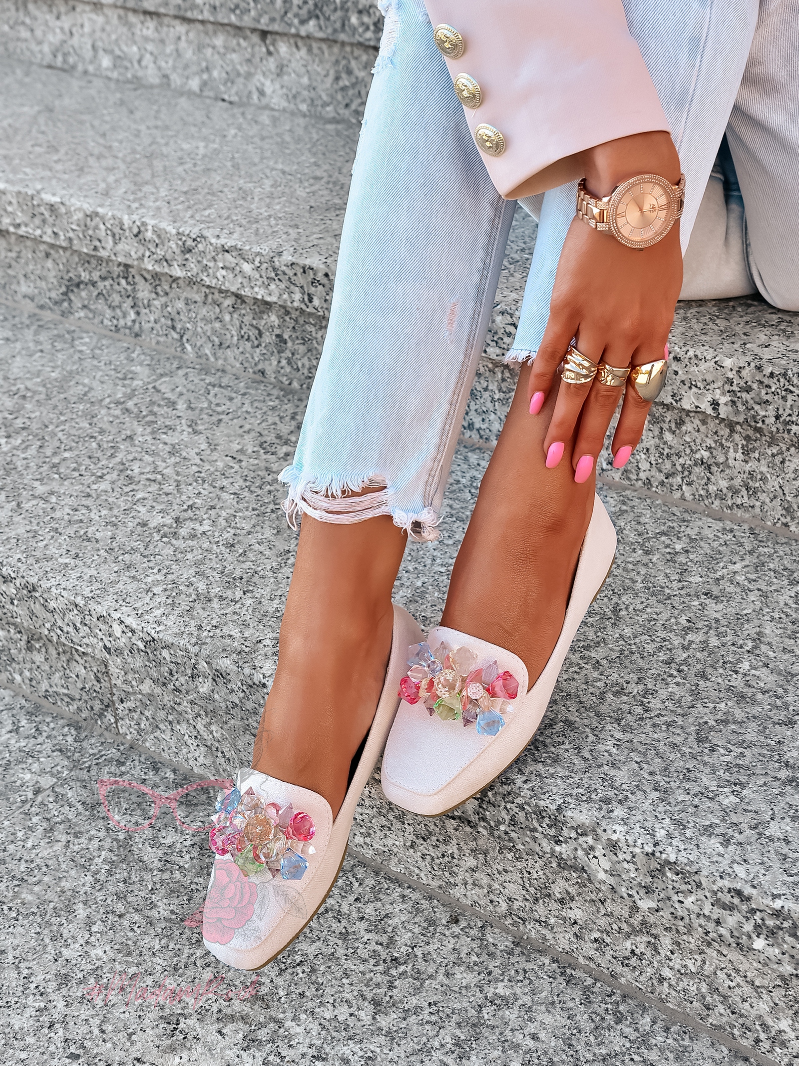 Mokasyny z kamieniami Madam Malio beżowe