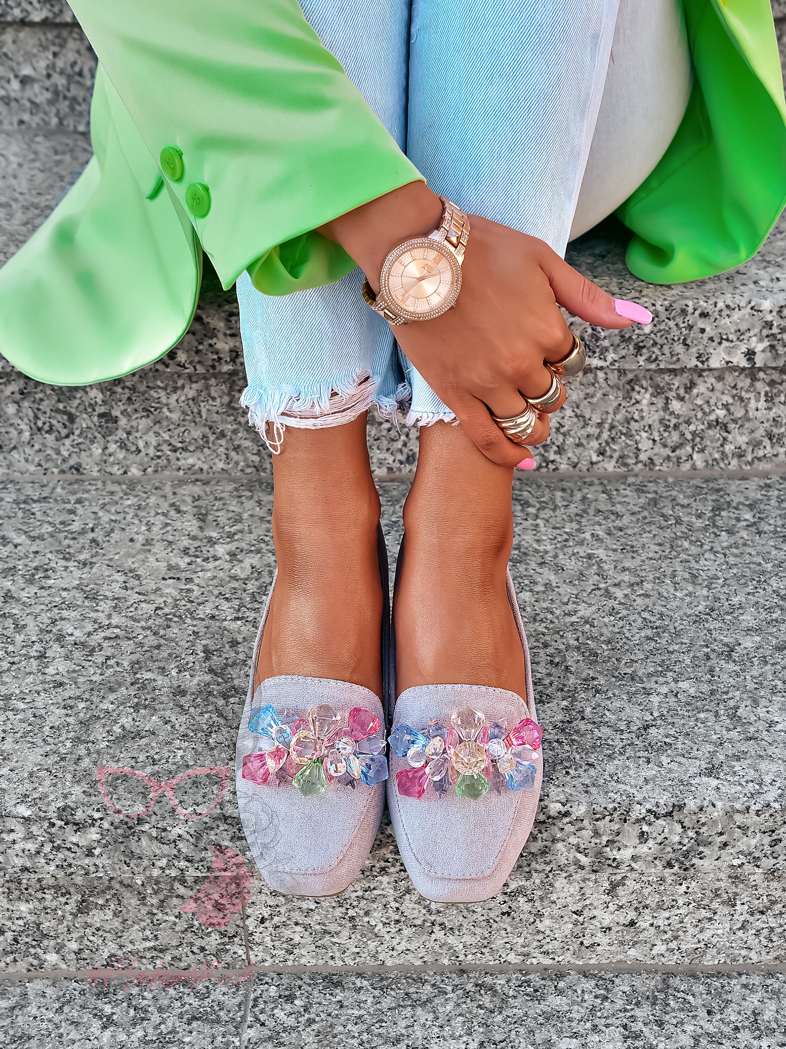 Mokasyny z kamieniami Madam Malio szare