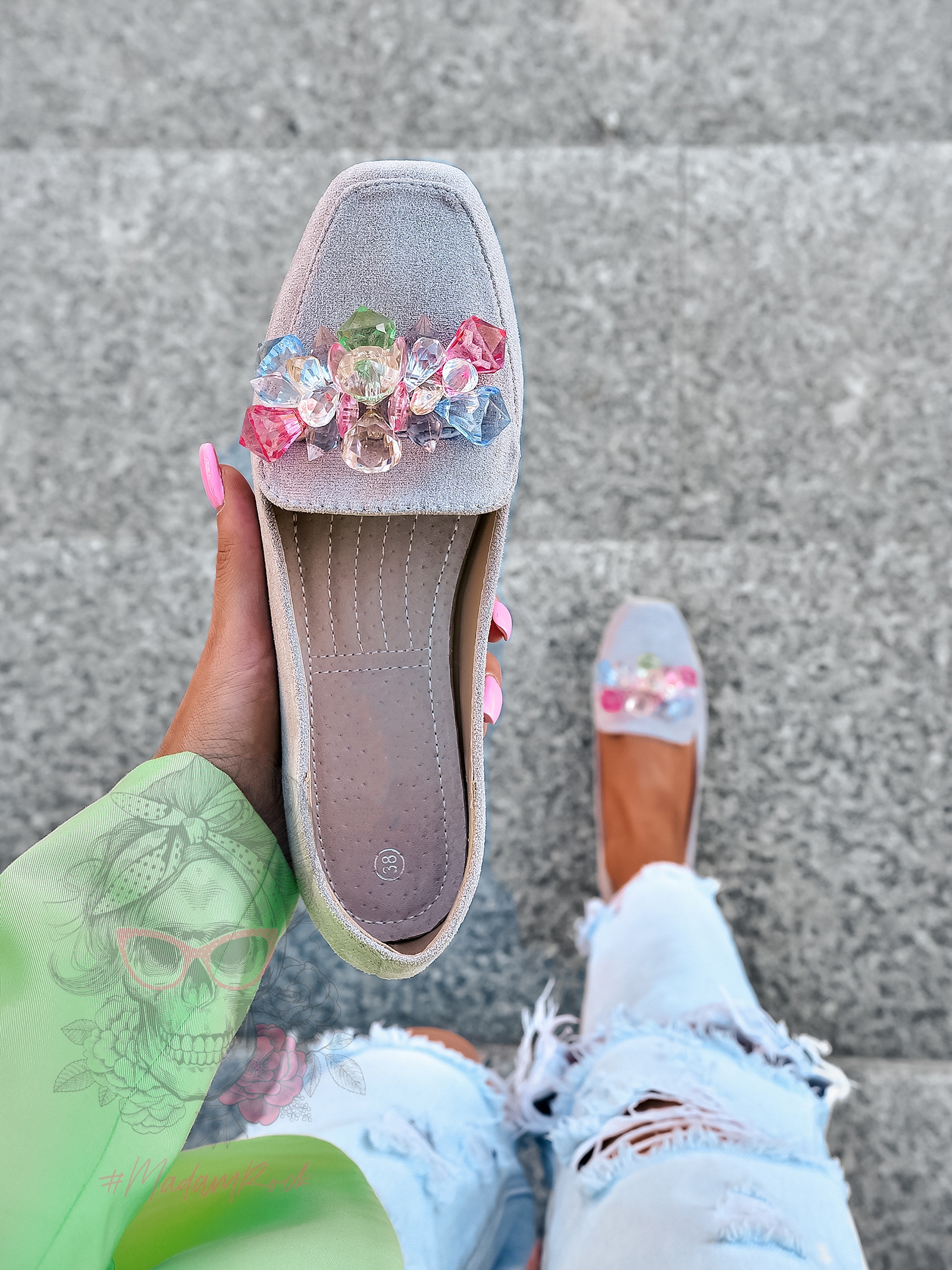 Mokasyny z kamieniami Madam Malio szare