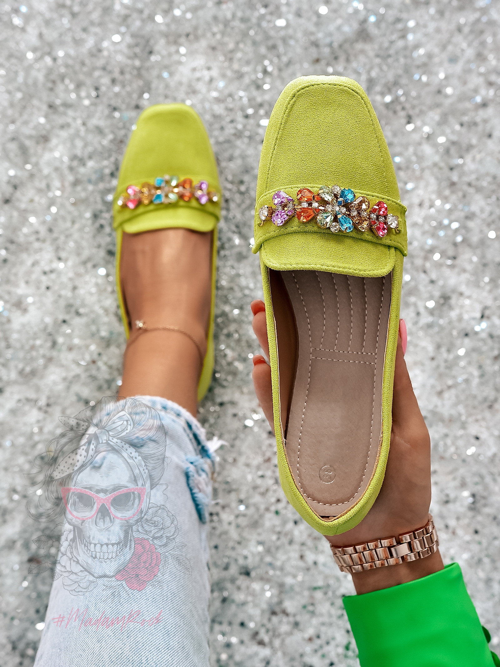 Mokasyny z kamieniami Madam Saco zielone