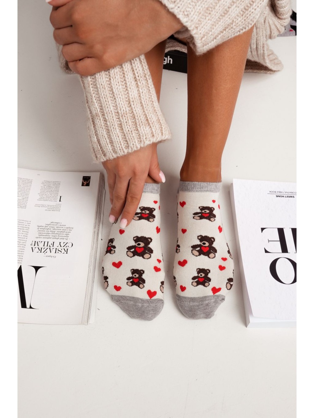 Stopki damskie Miś i serduszka ecru