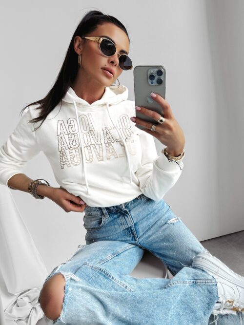 Bluza kangurka z nadrukiem Kiki Ola Voga ecru