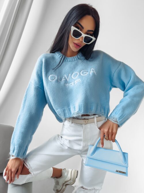 Sweter z poszarpaniem Karo Ola Voga błękitny