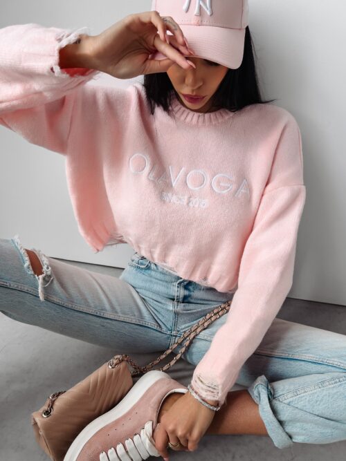 Sweter z poszarpaniem Karo Ola Voga pudrowy