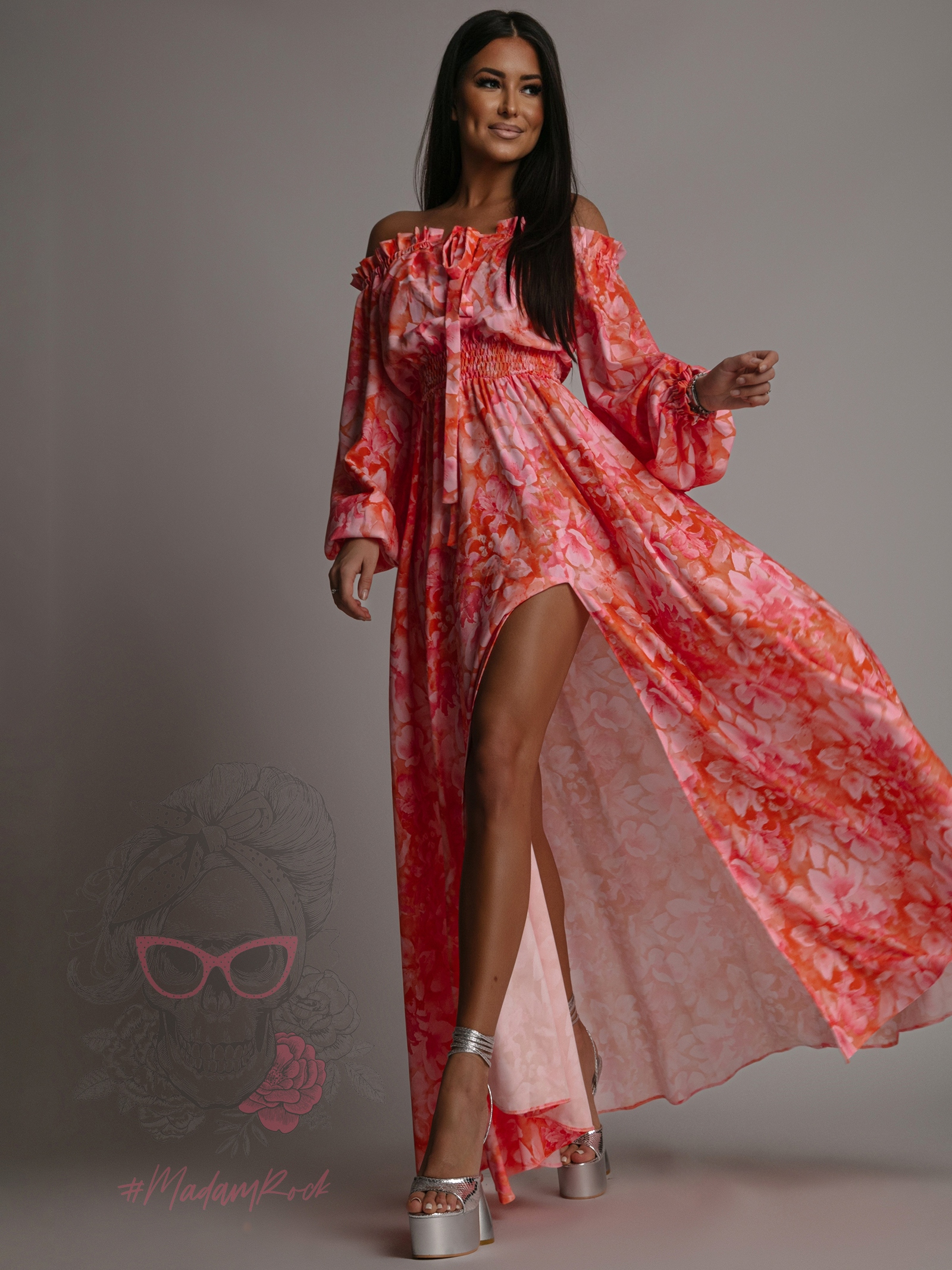 Sukienka wakacyjna maxi NB Miliam różowo-pomarańczowa