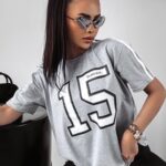 T-shirt oversize z nadrukiem 15 Ola Voga szary melanż