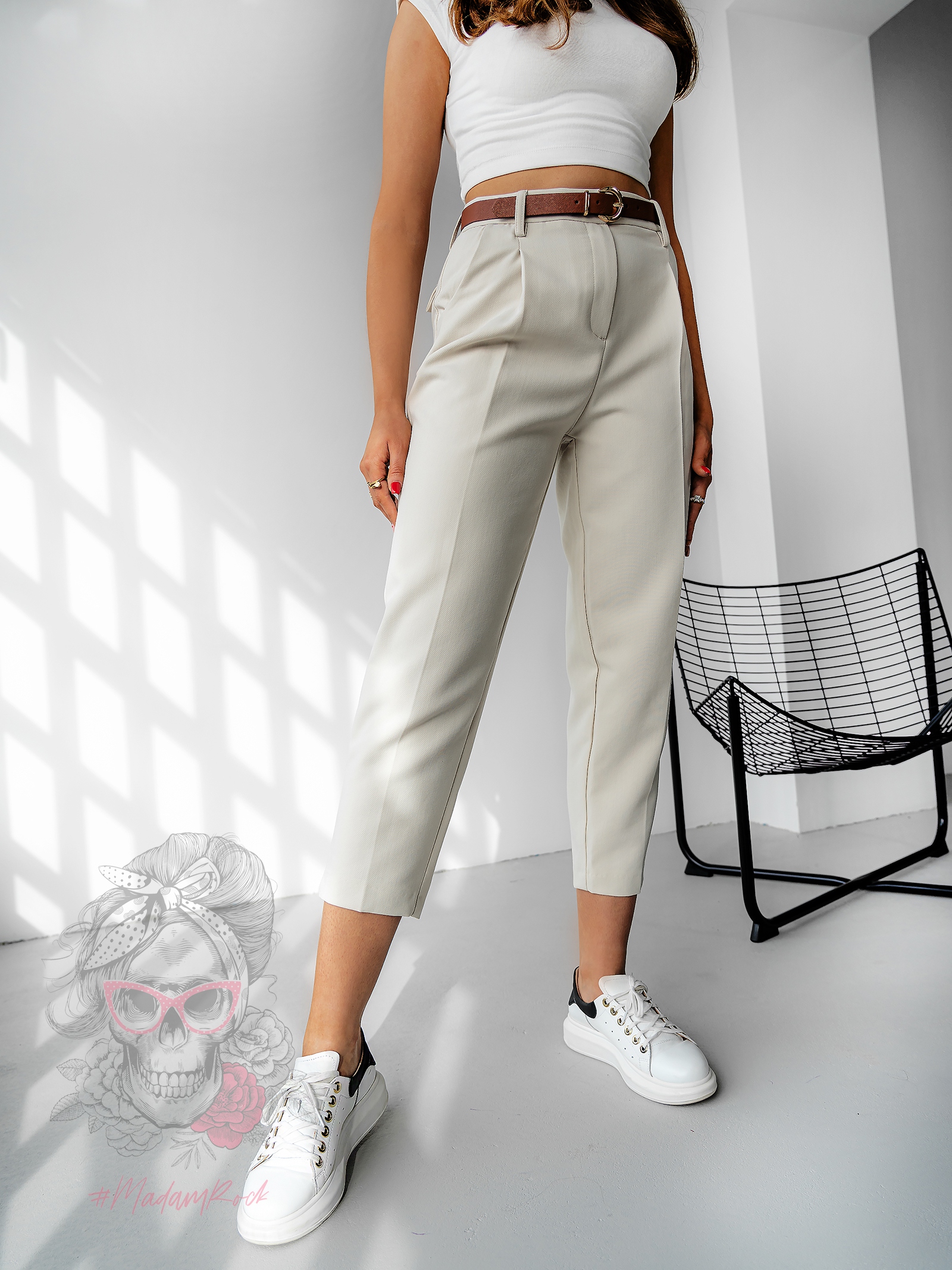 Spodnie eleganckie 7/8 z paskiem Tuwe beżowe