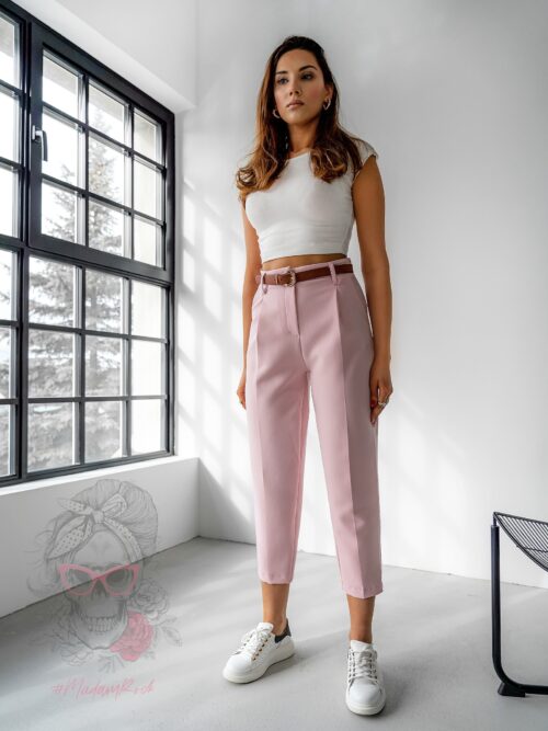 Spodnie eleganckie 7/8 z paskiem Tuwe pudrowe