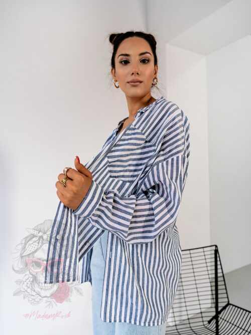 Koszula w paski z rozcięciami Raso granatowa