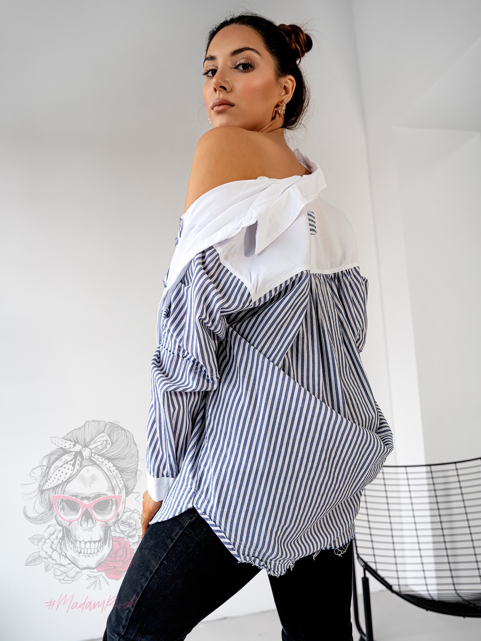 Koszula w paski Dewu biało-granatowa