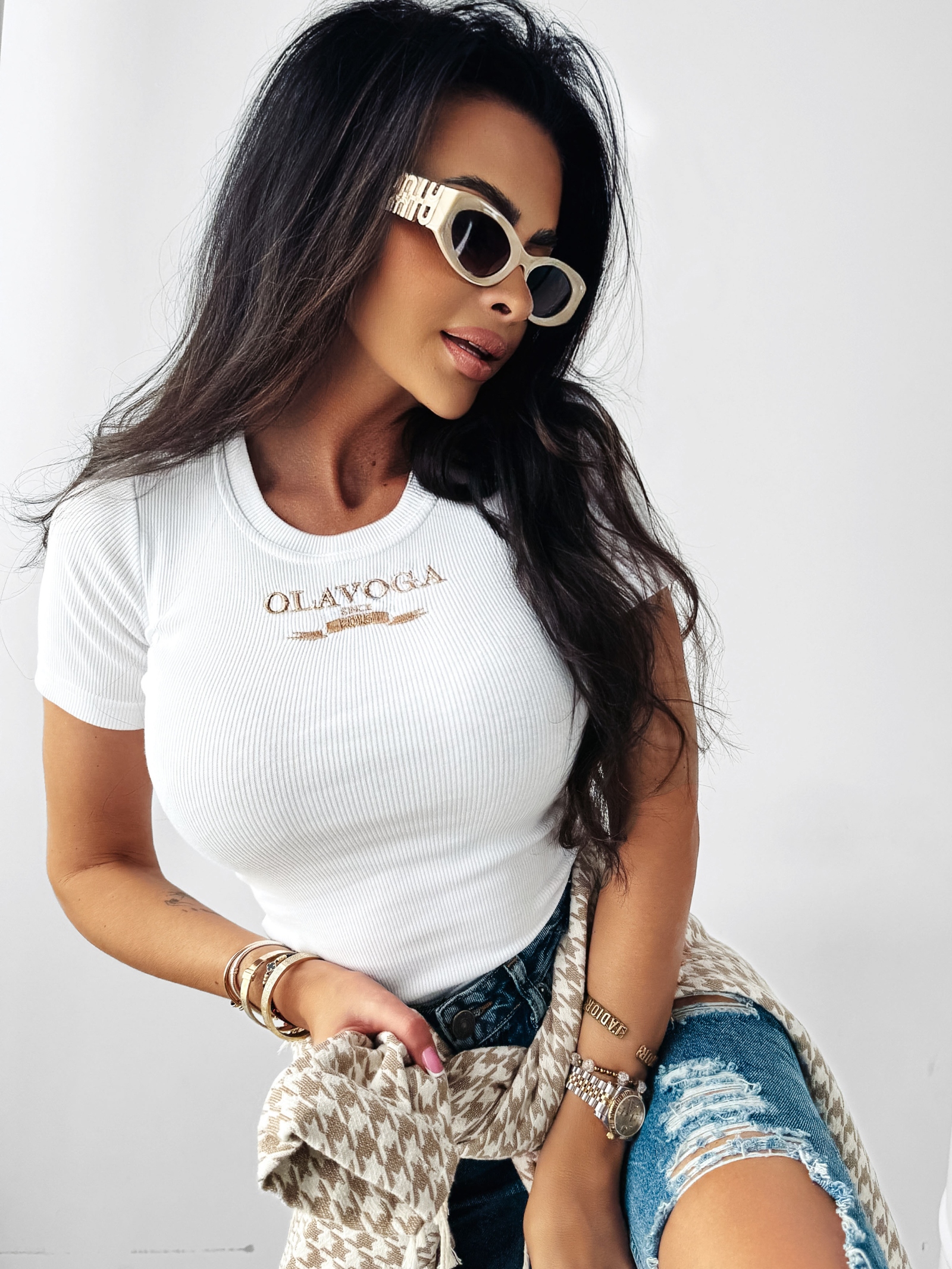 T-shirt prążkowany Viva Ola Voga biały