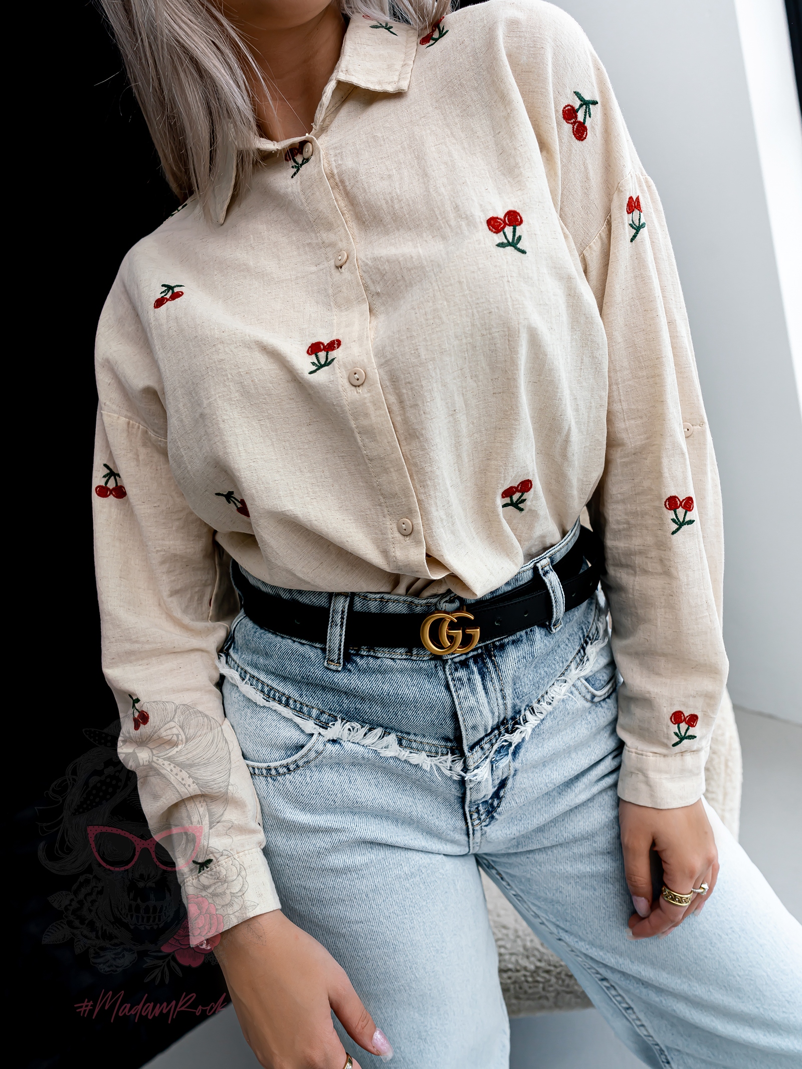 Koszula płócienna z wisienkami Cherry beżowa