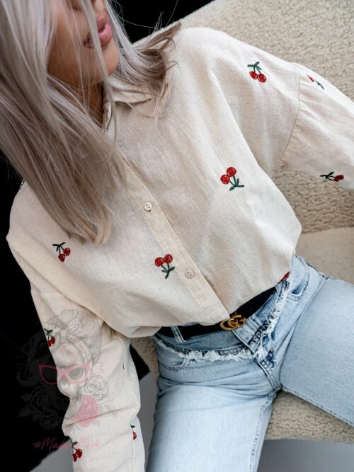 Koszula płócienna z wisienkami Cherry beżowa