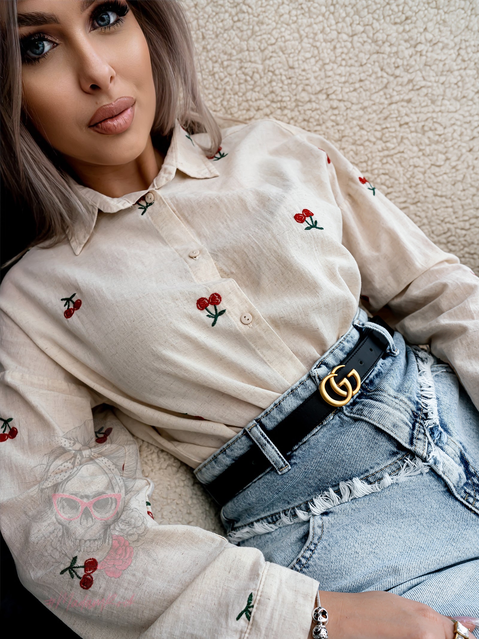 Koszula płócienna z wisienkami Cherry beżowa