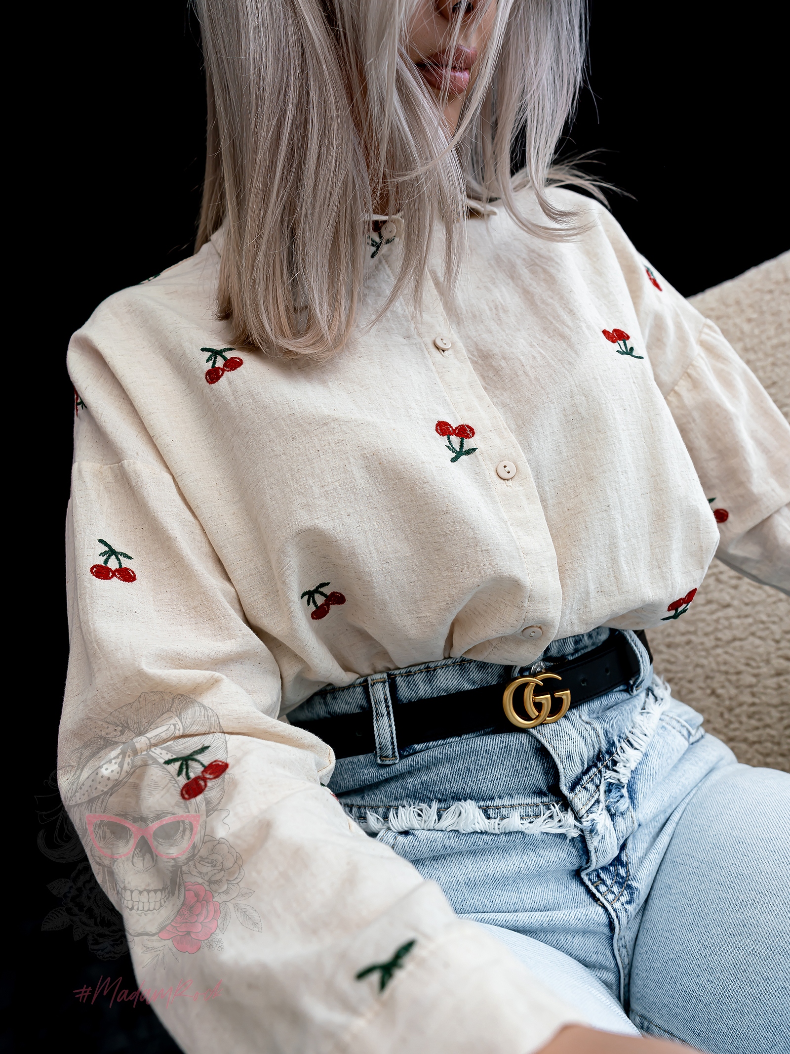 Koszula płócienna z wisienkami Cherry beżowa