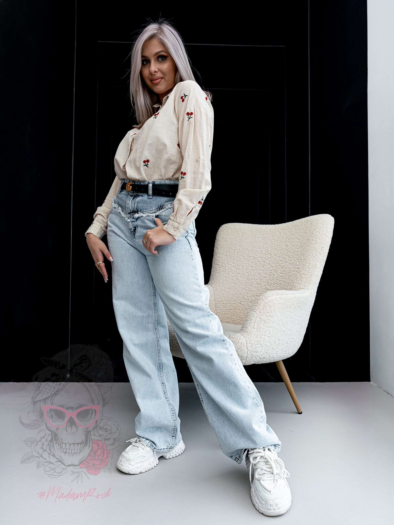 Koszula płócienna z wisienkami Cherry beżowa