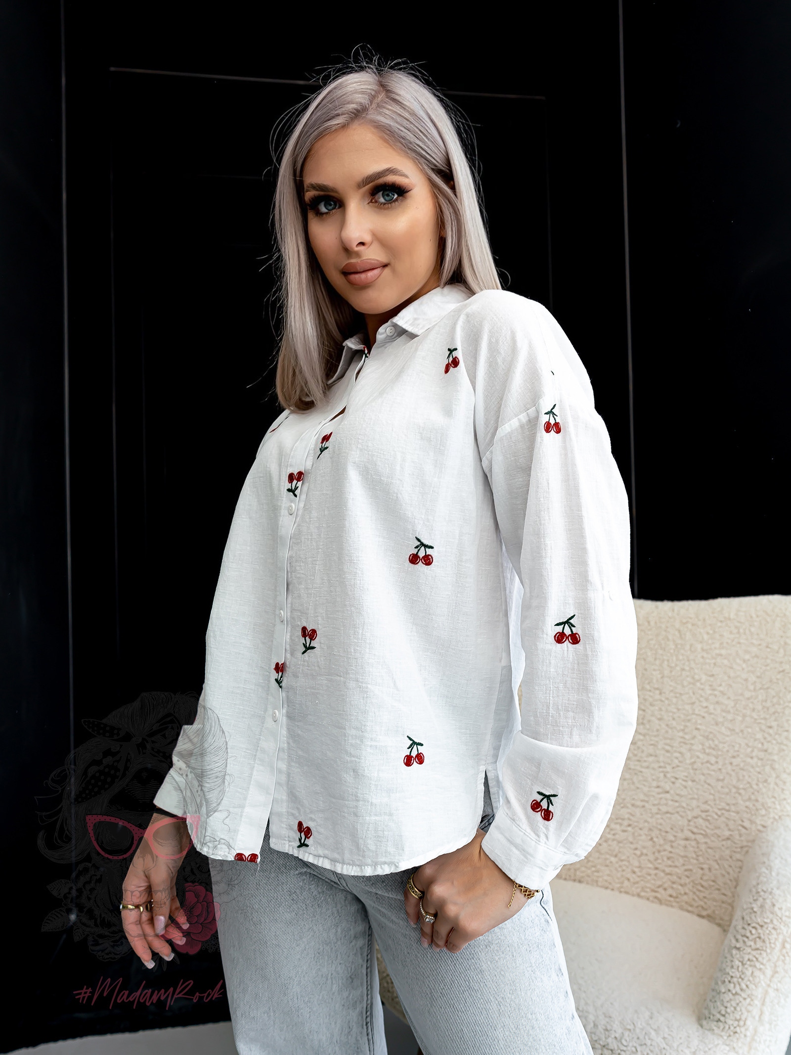 Koszula płócienna z wisienkami Cherry biała