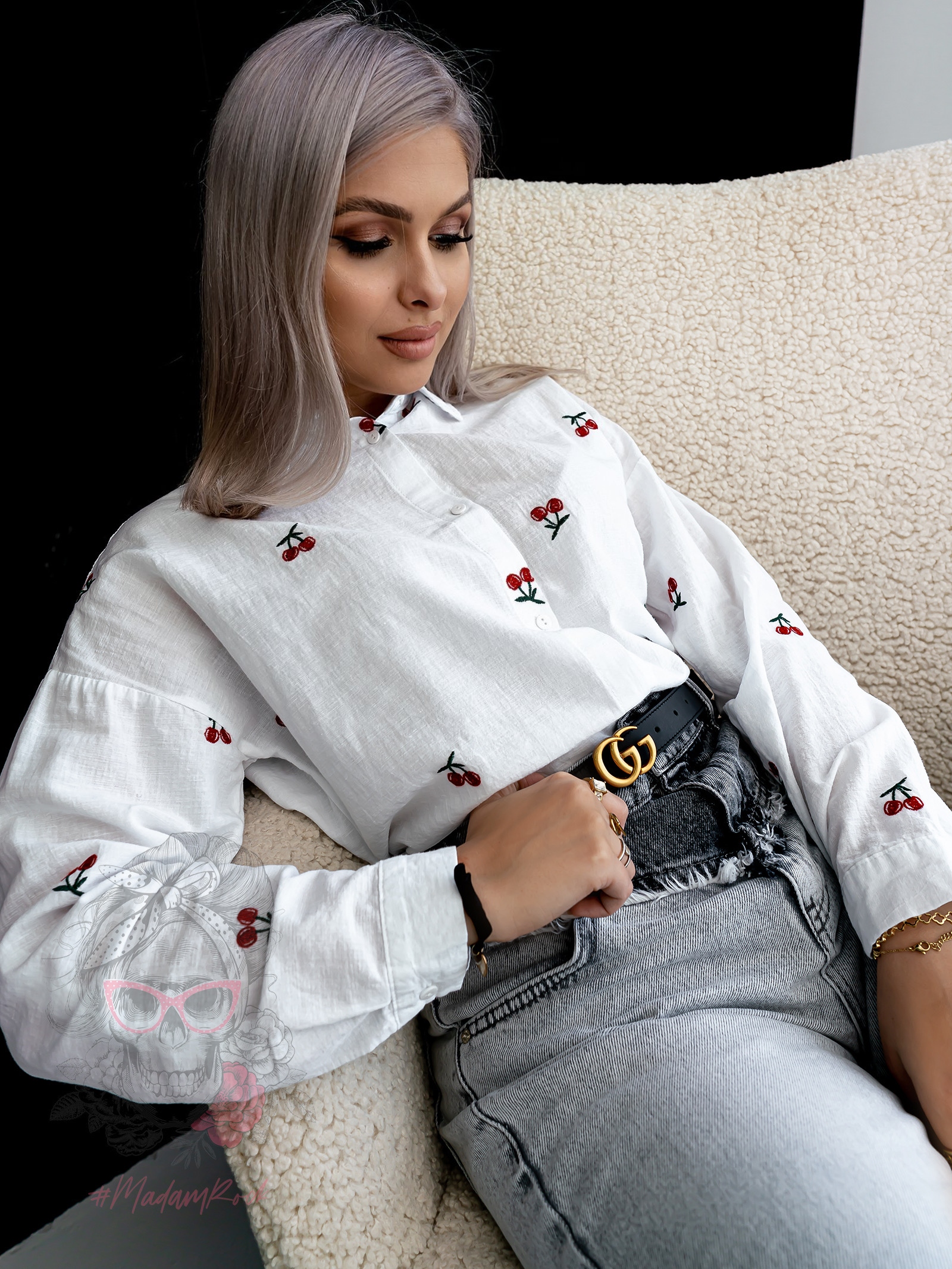 Koszula płócienna z wisienkami Cherry biała