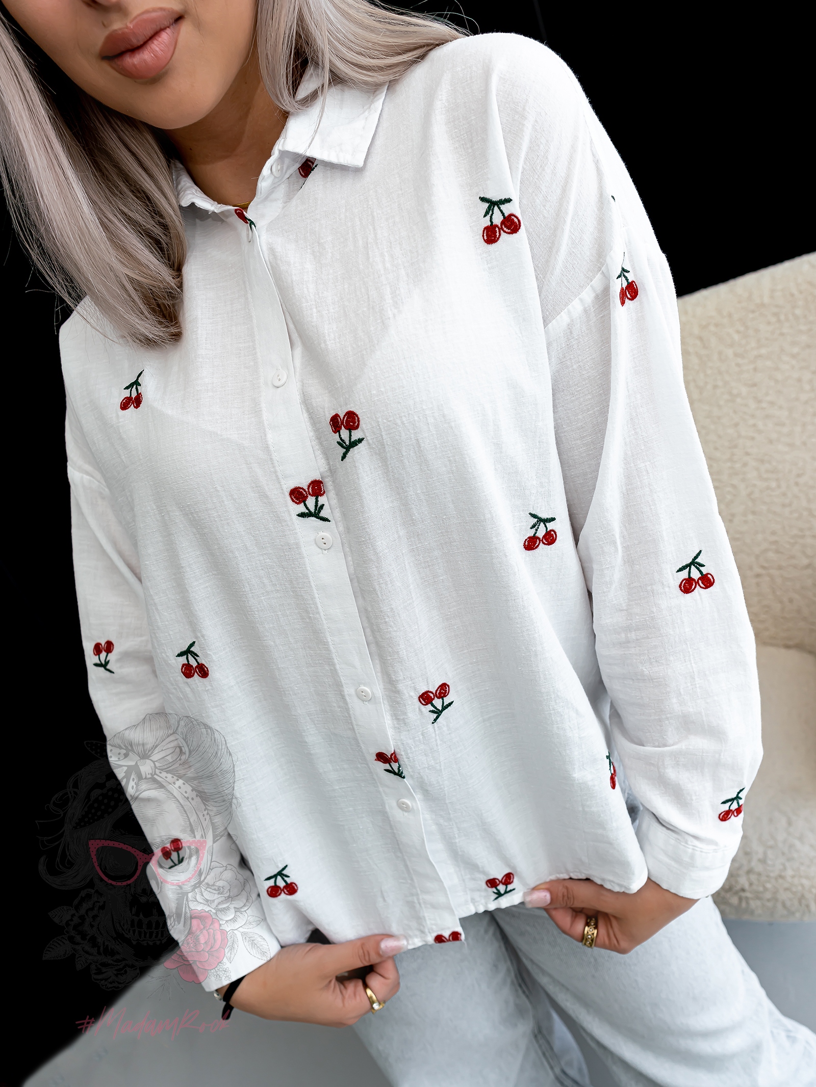 Koszula płócienna z wisienkami Cherry biała