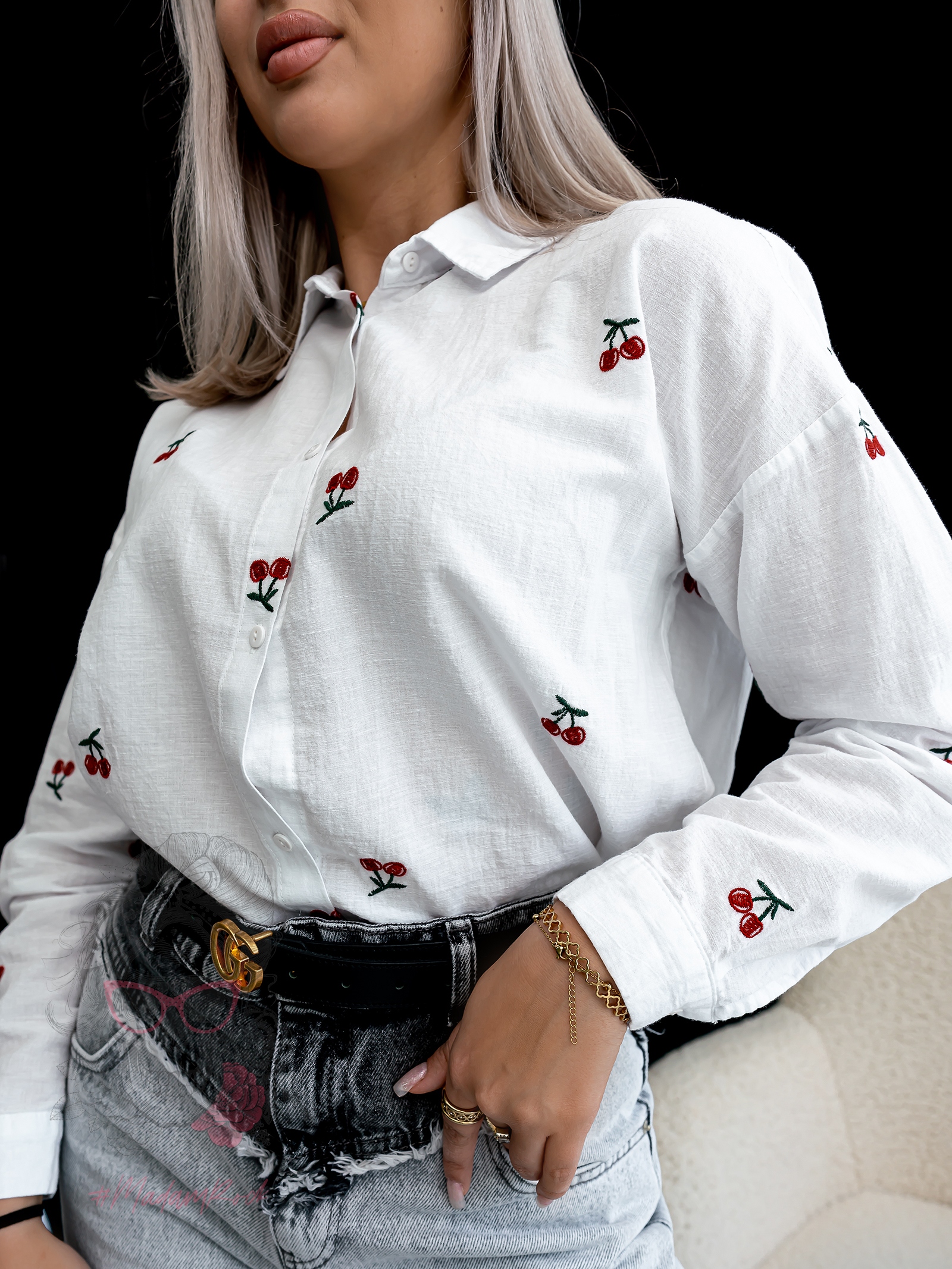 Koszula płócienna z wisienkami Cherry biała