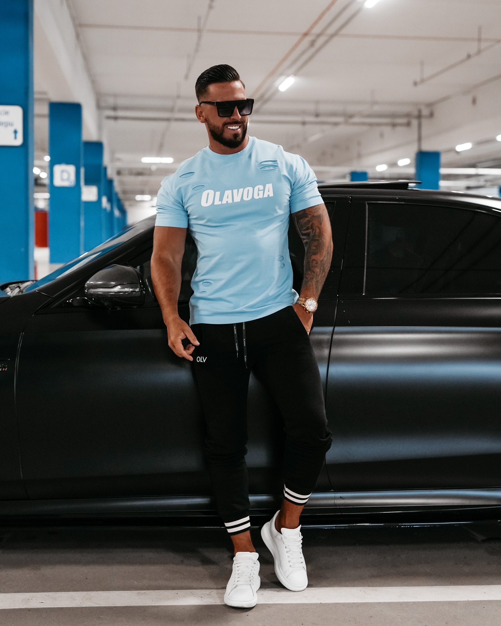 T-shirt męski z rozcięciami XYZ Ola Voga j.niebieski