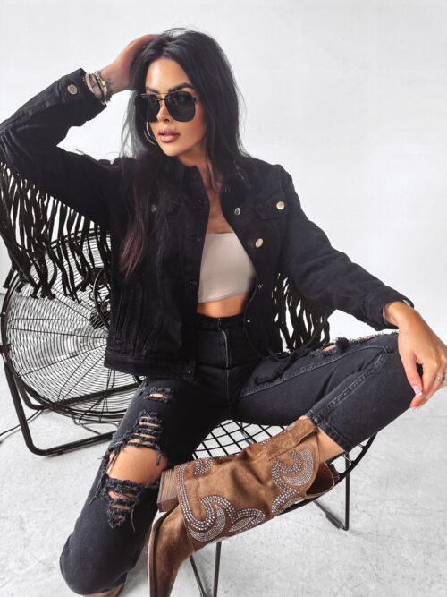 Kurtka jeansowa z frędzlami SANIL Ola Voga czarna