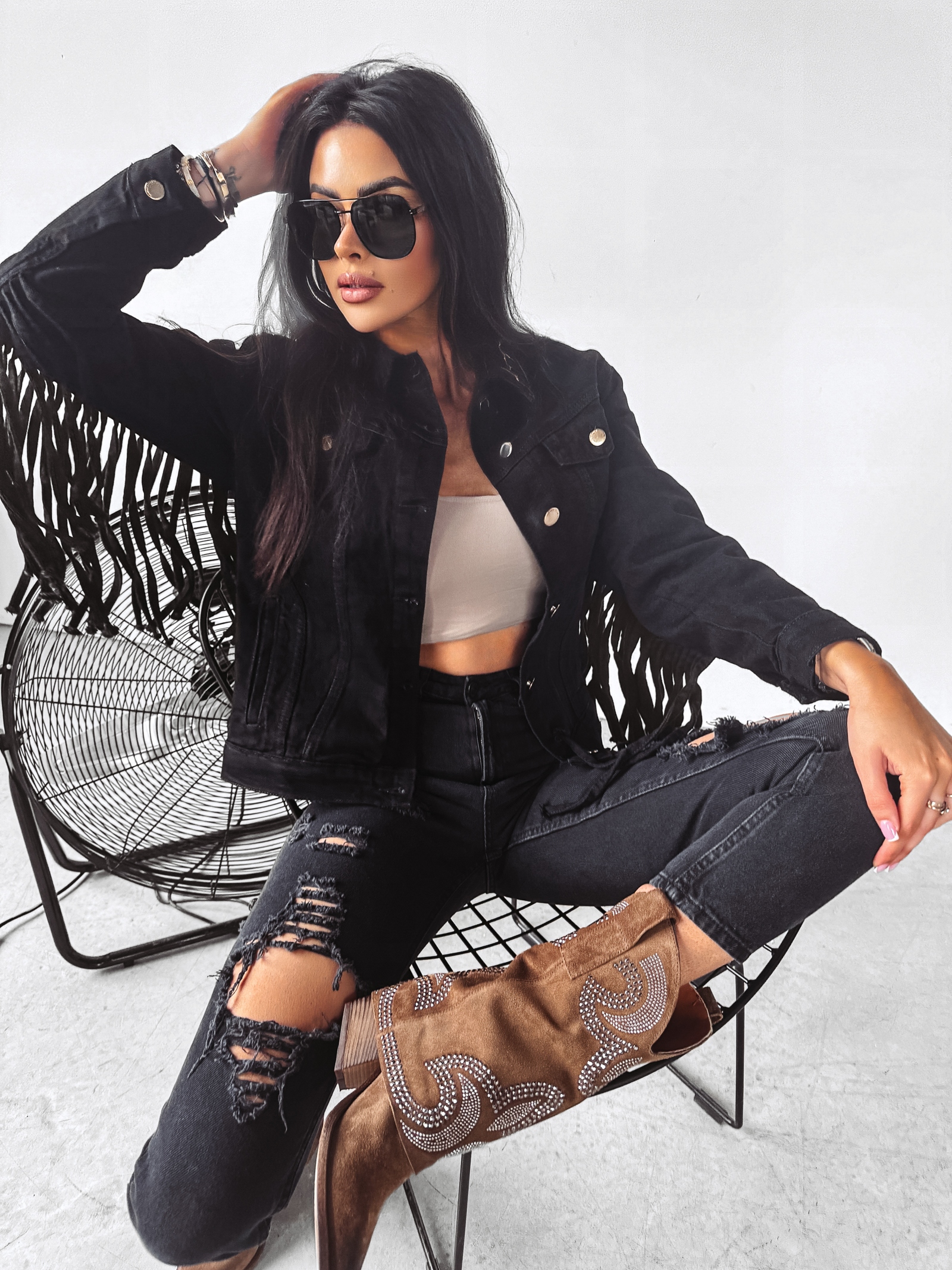 Kurtka jeansowa z frędzlami SANIL Ola Voga czarna