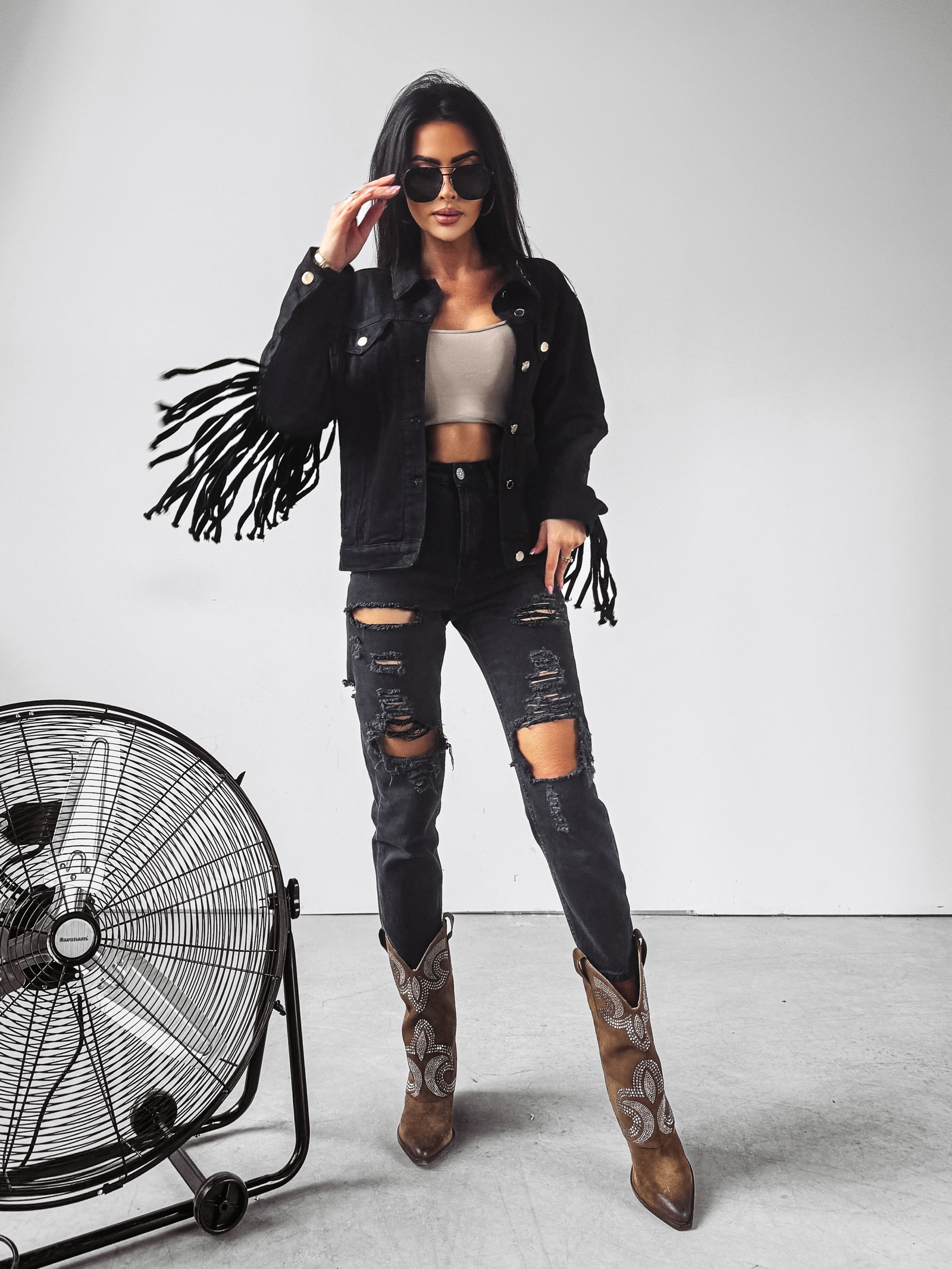 Kurtka jeansowa z frędzlami SANIL Ola Voga czarna