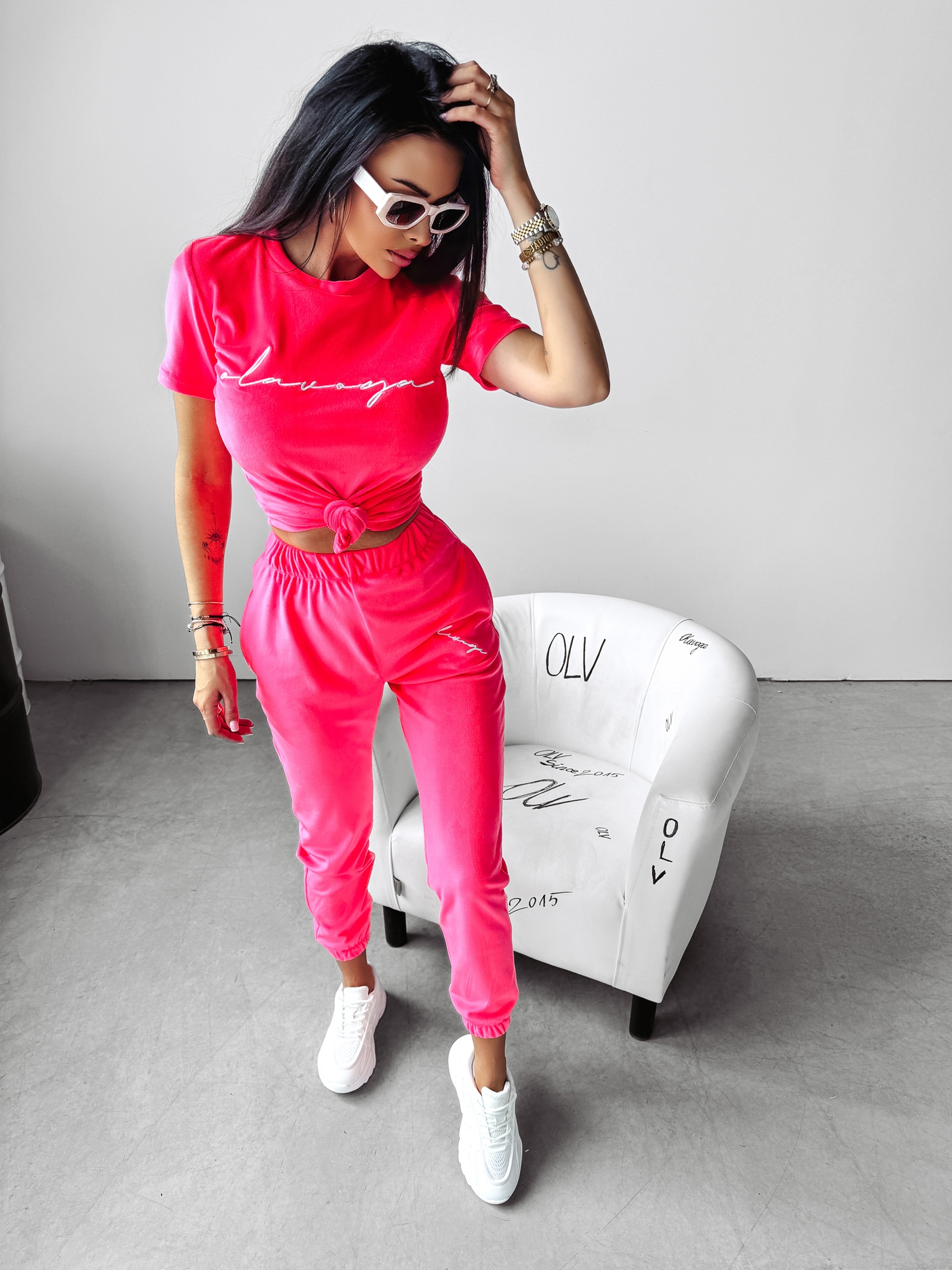 Komplet welurowy GEESTY Ola Voga neon róż