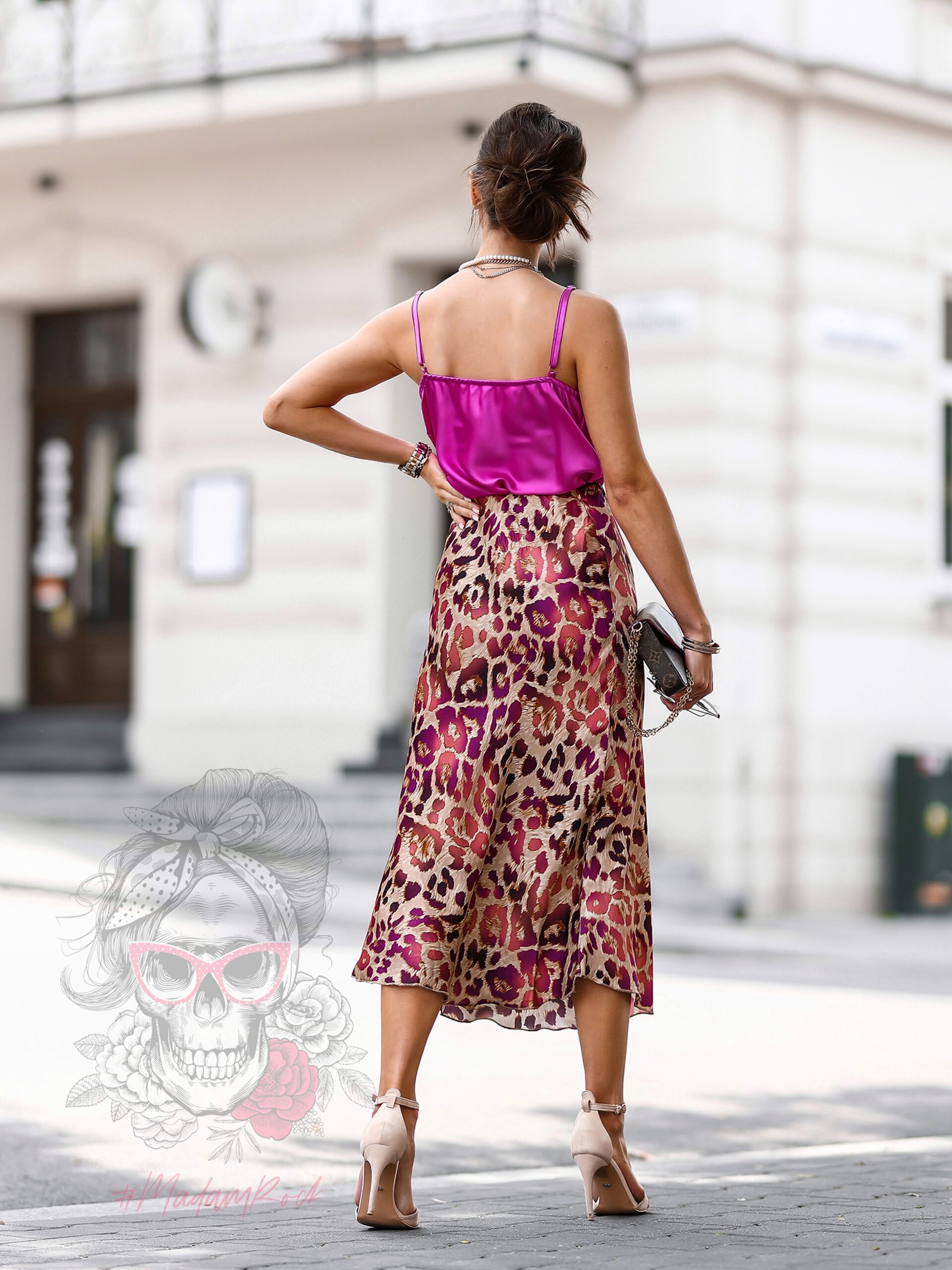 Spódnica satynowa Melodia w panterkę amarantowa