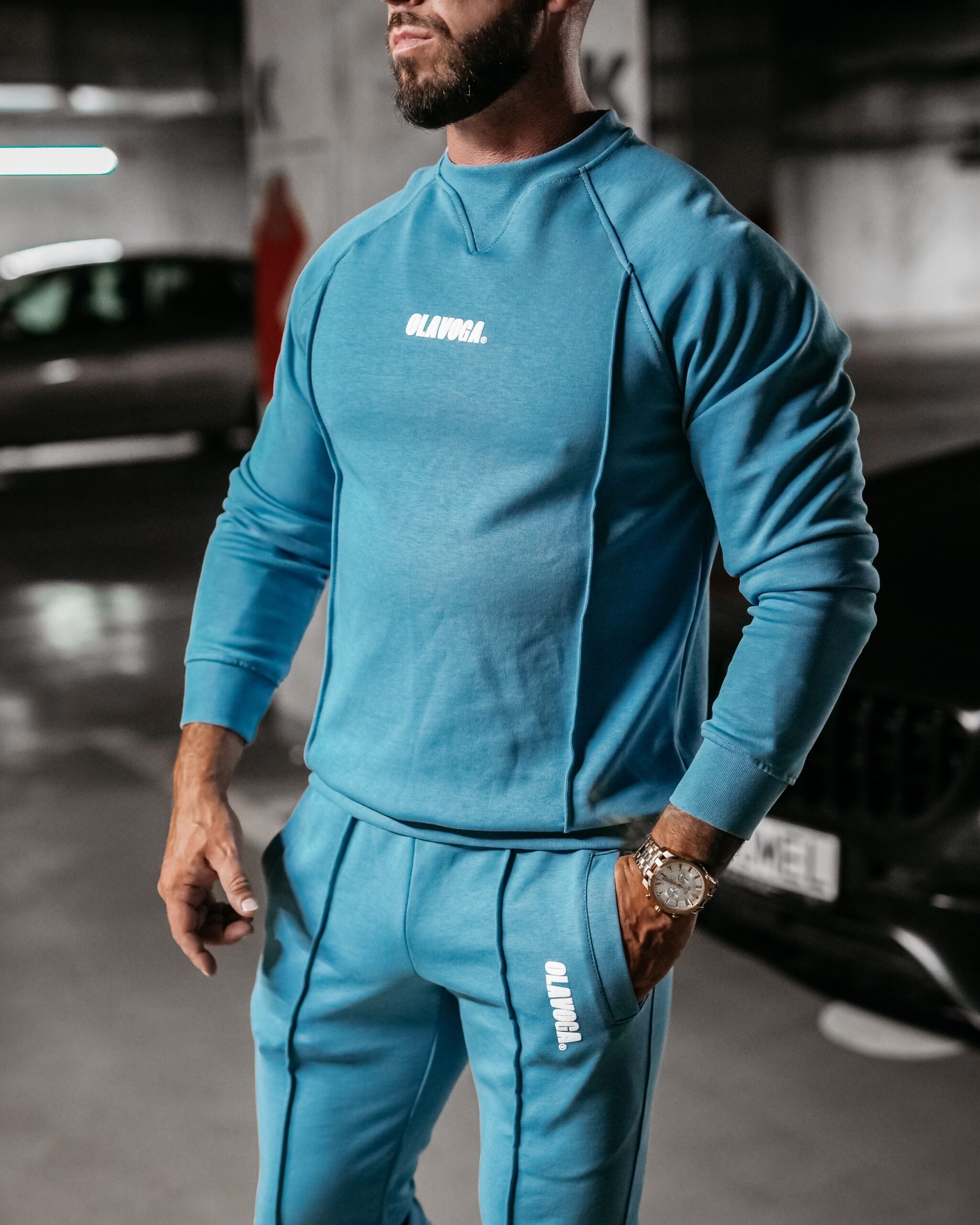 Komplet męski z przeszyciami Bolter Ola Voga niebieski