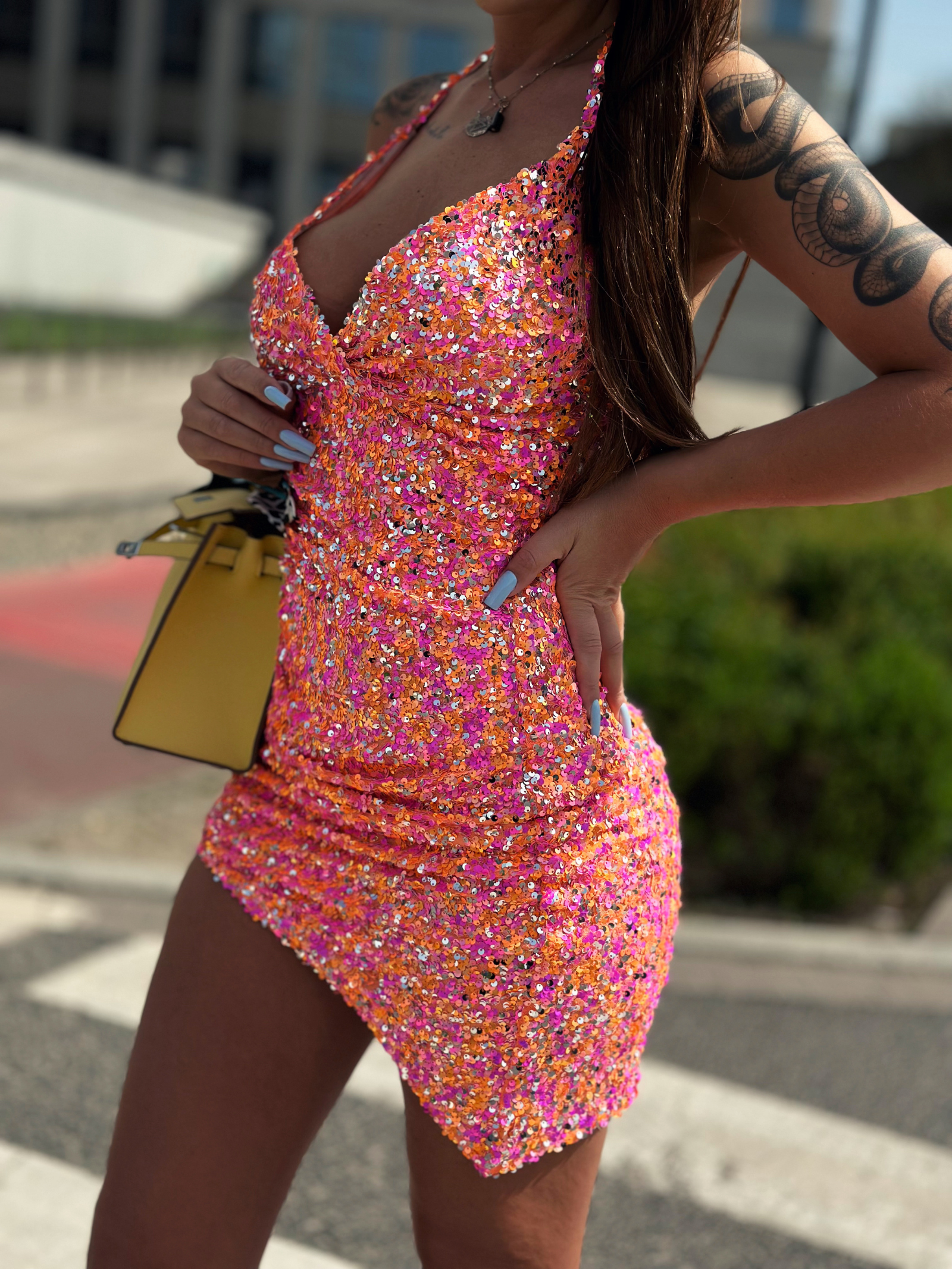 Sukienka mini asymetryczna NB JellyX III różowo-pomarańczowa Sukienka mini asymetryczna NB JellyX III różowo-pomarańczowa