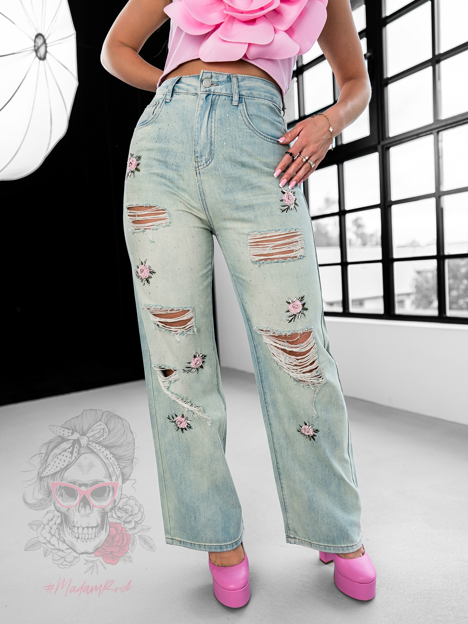 Spodnie jeansowe z różyczkami Madam Sosoe aqua blue