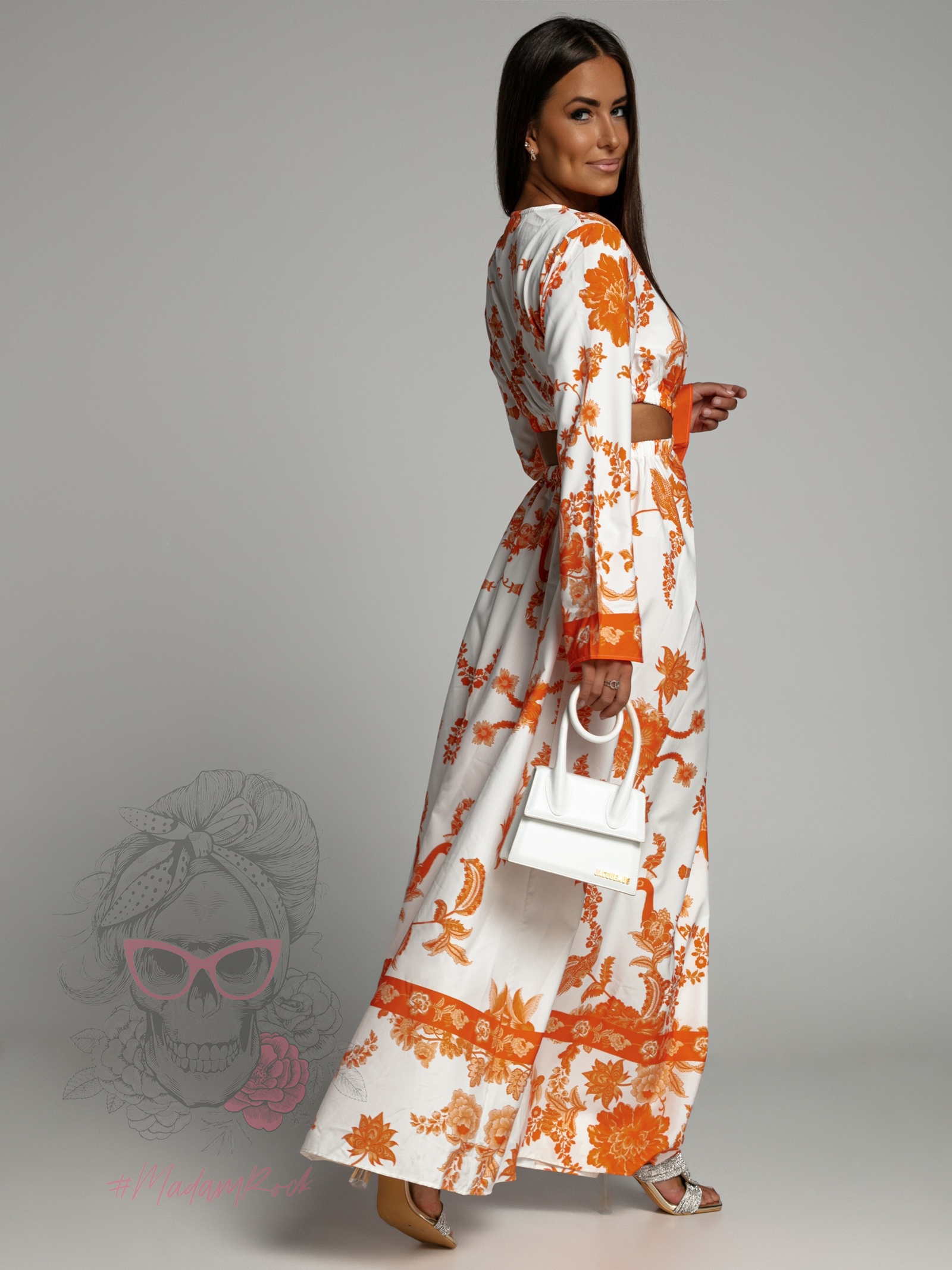 Sukienka maxi Barbera biało-pomarańczowa