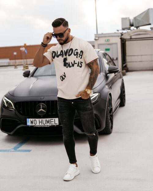 T-shirt męski logowany Drip Ola Voga beżowy