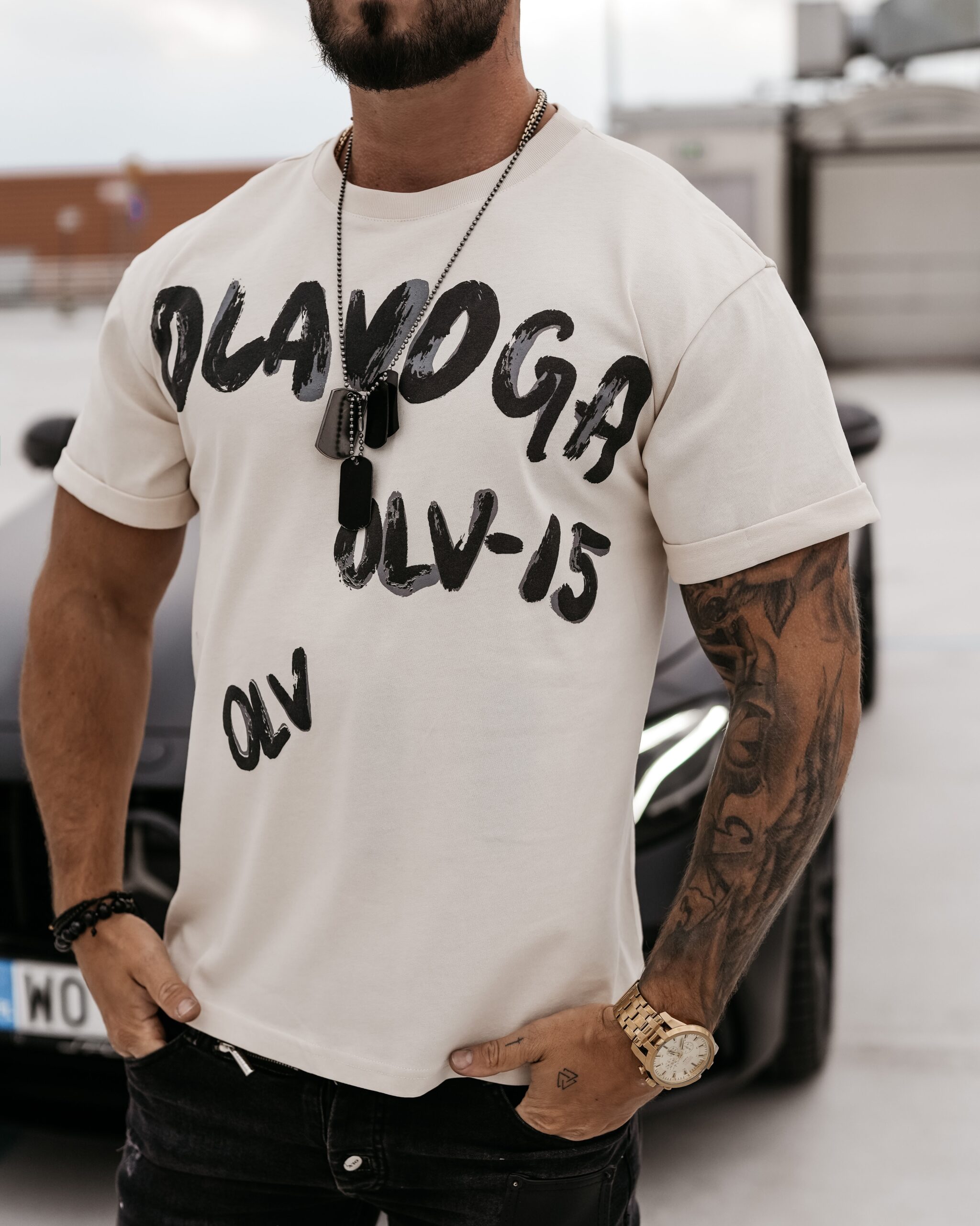T-shirt męski logowany Drip Ola Voga beżowy T-shirt męski logowany Drip Ola Voga beżowy