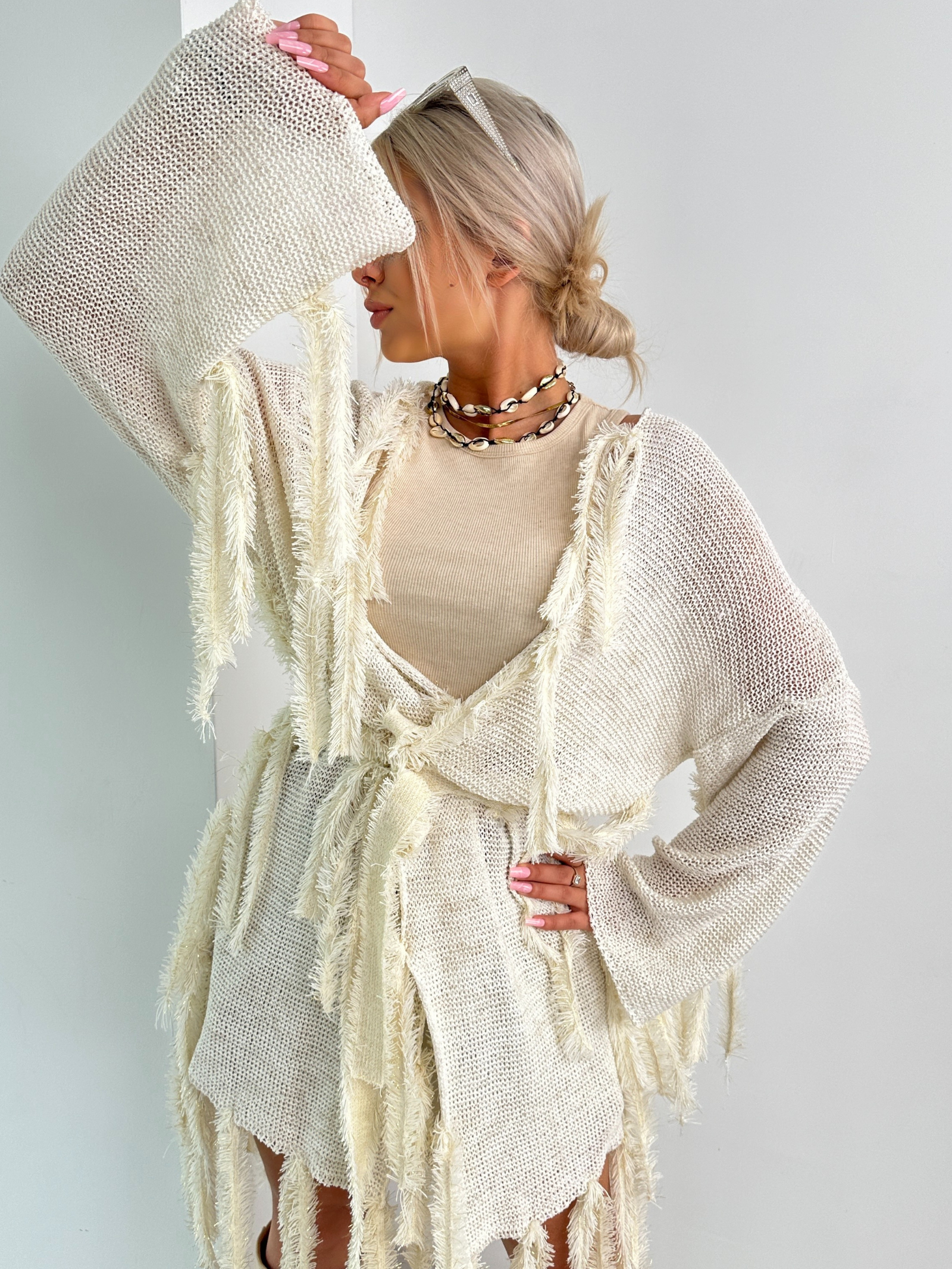 Sweter boho Ale Jazz ecru-złoty