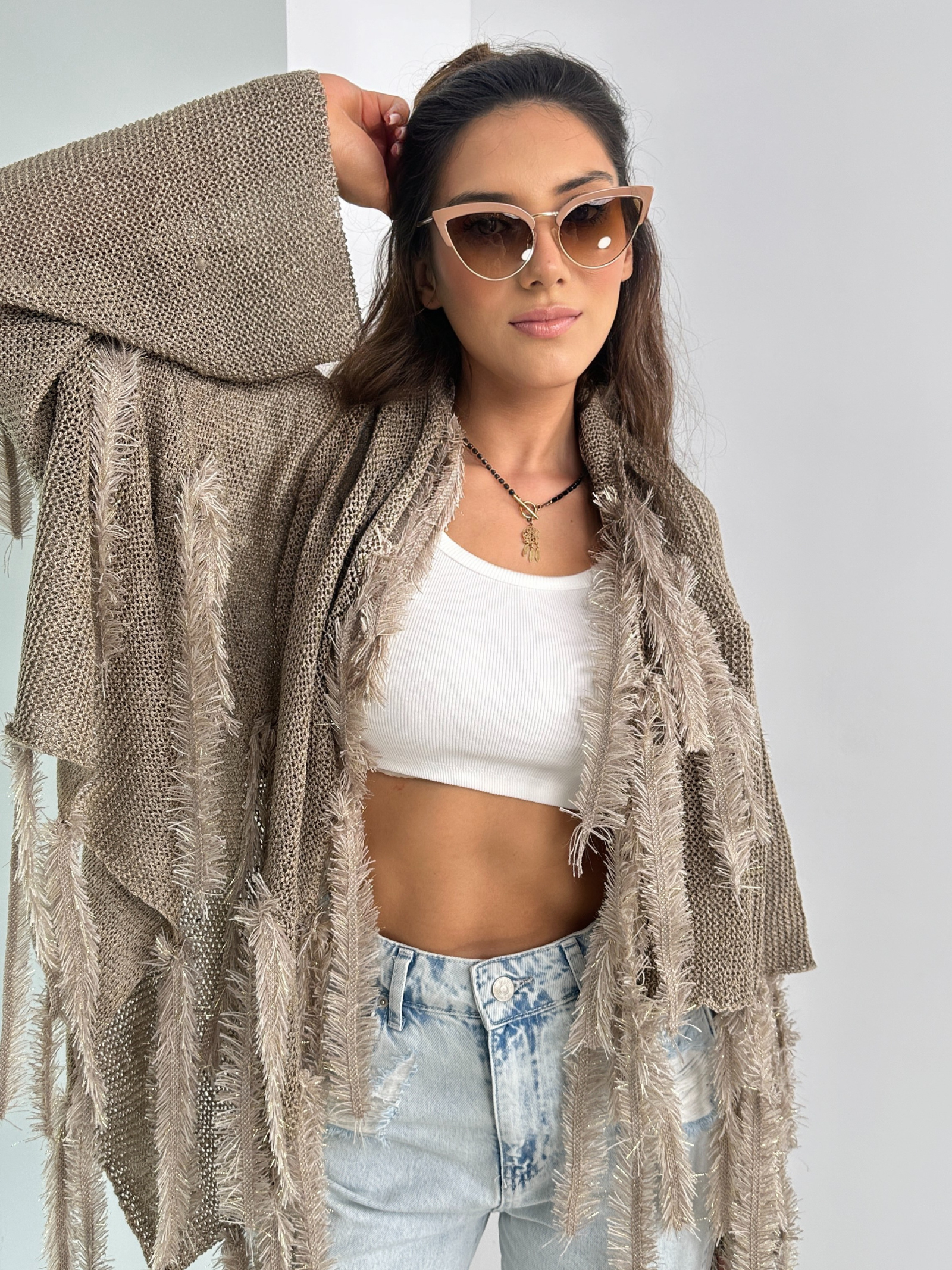 Sweter boho Ale Jazz taupe-złoty