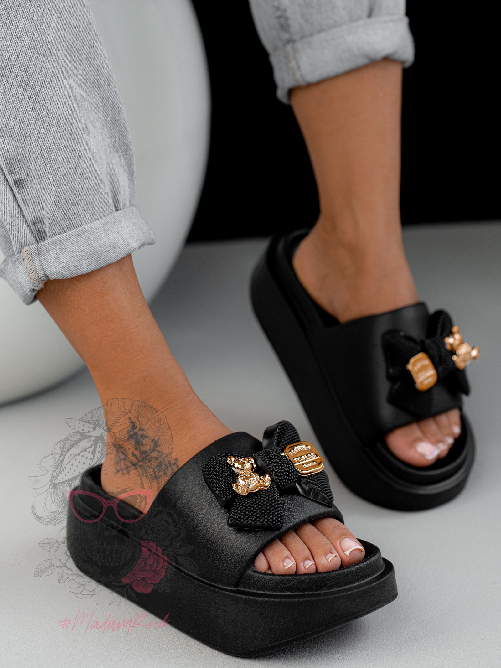 Klapki z misiami Madam Tousi czarne